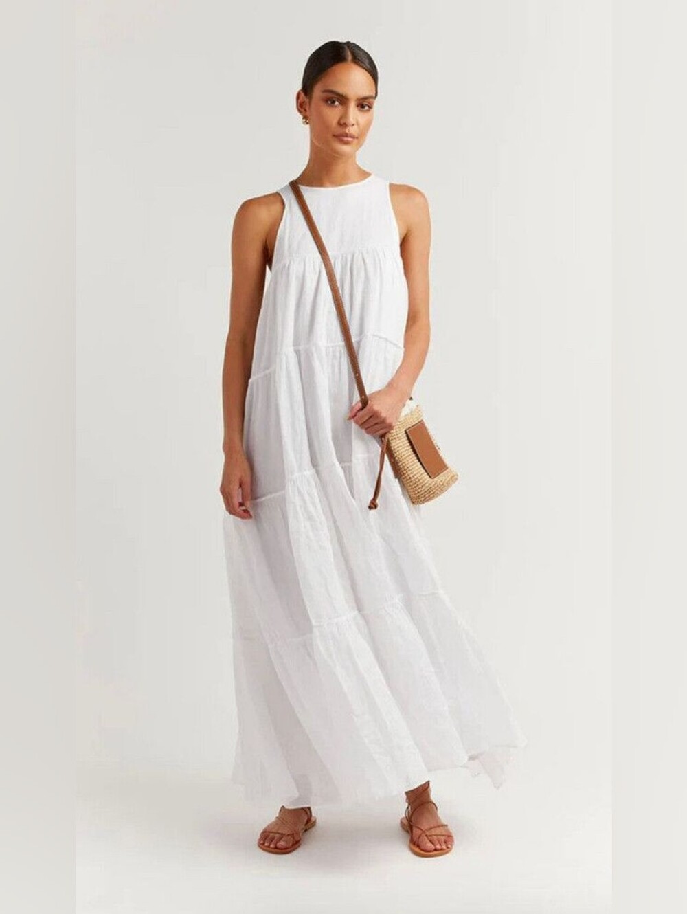 DISSH White Tiered Sleeveless Midi Dress